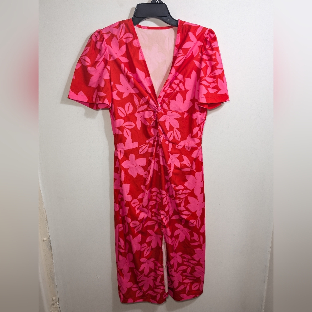 Pink Floral Twist Front Midi Dress – Size Small
